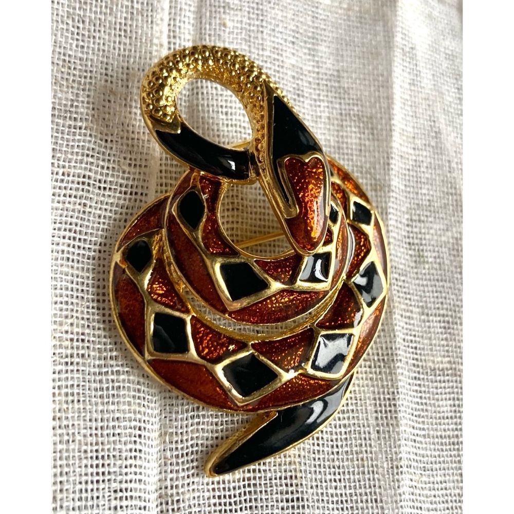 Enamel Diamond-Backed Snake Brooch Goldtone